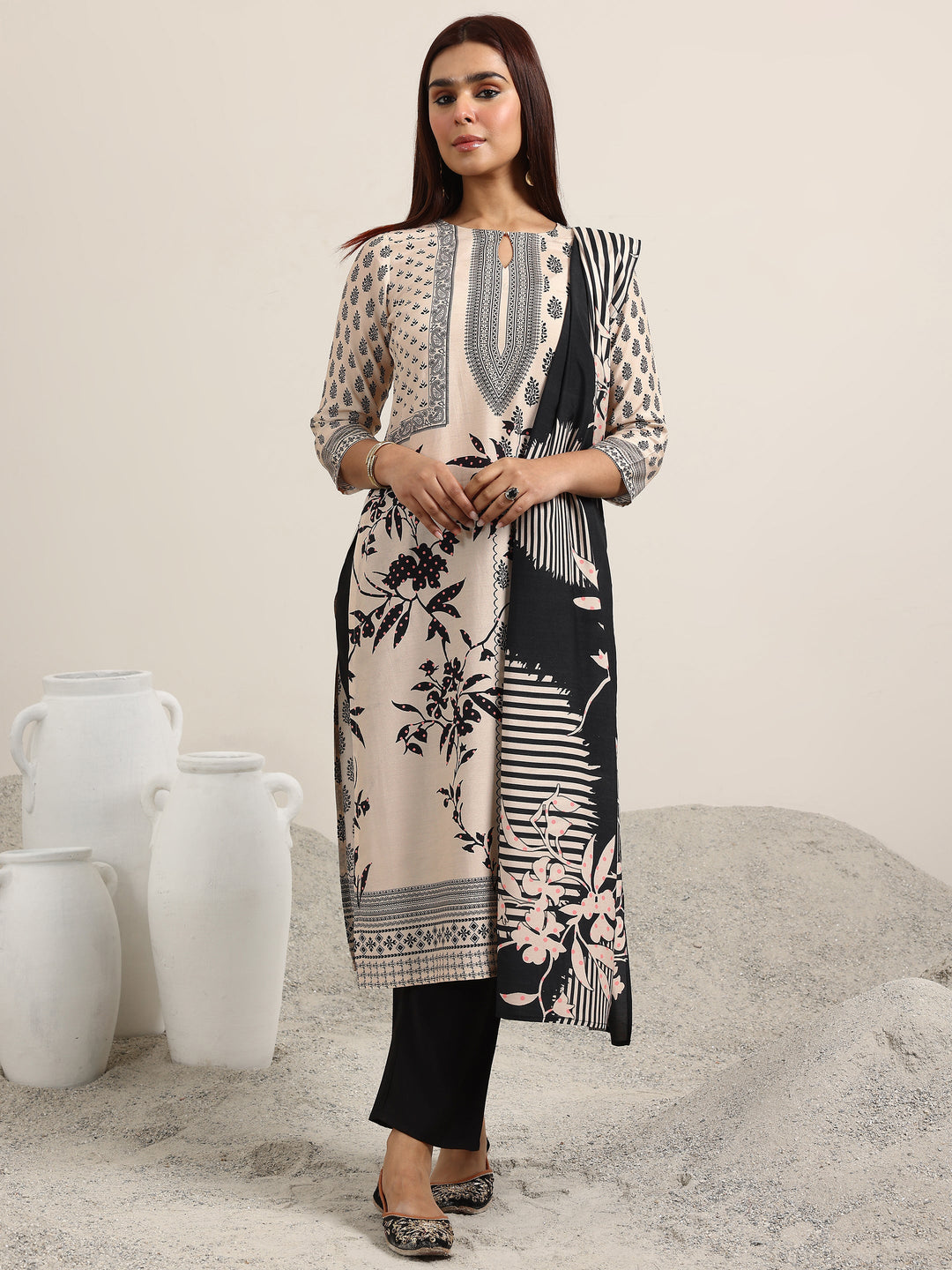 Off White Printed Silk Blend Straight Suit With Dupatta