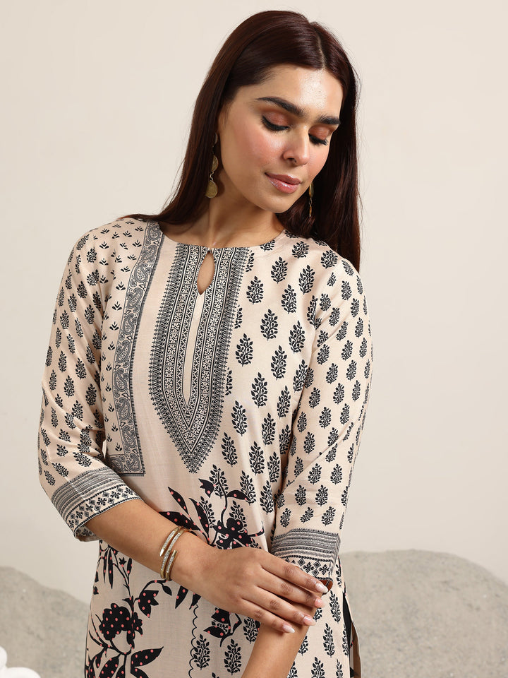 Off White Printed Silk Blend Straight Suit With Dupatta