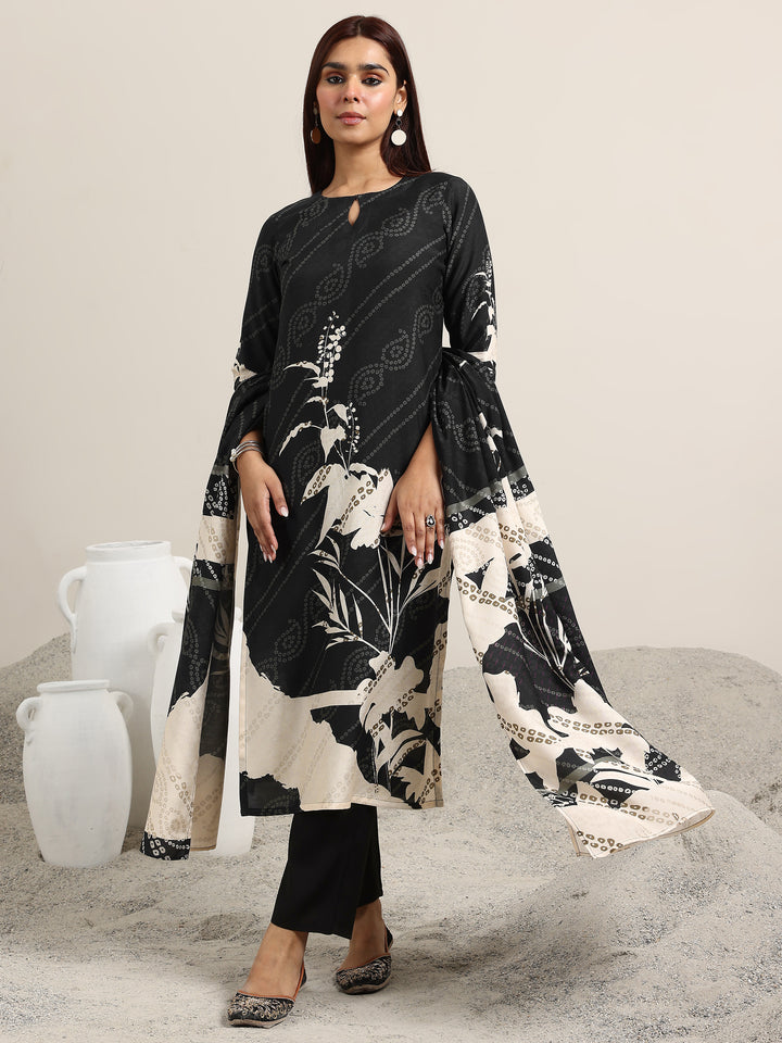Black Printed Silk Blend Straight Suit With Dupatta