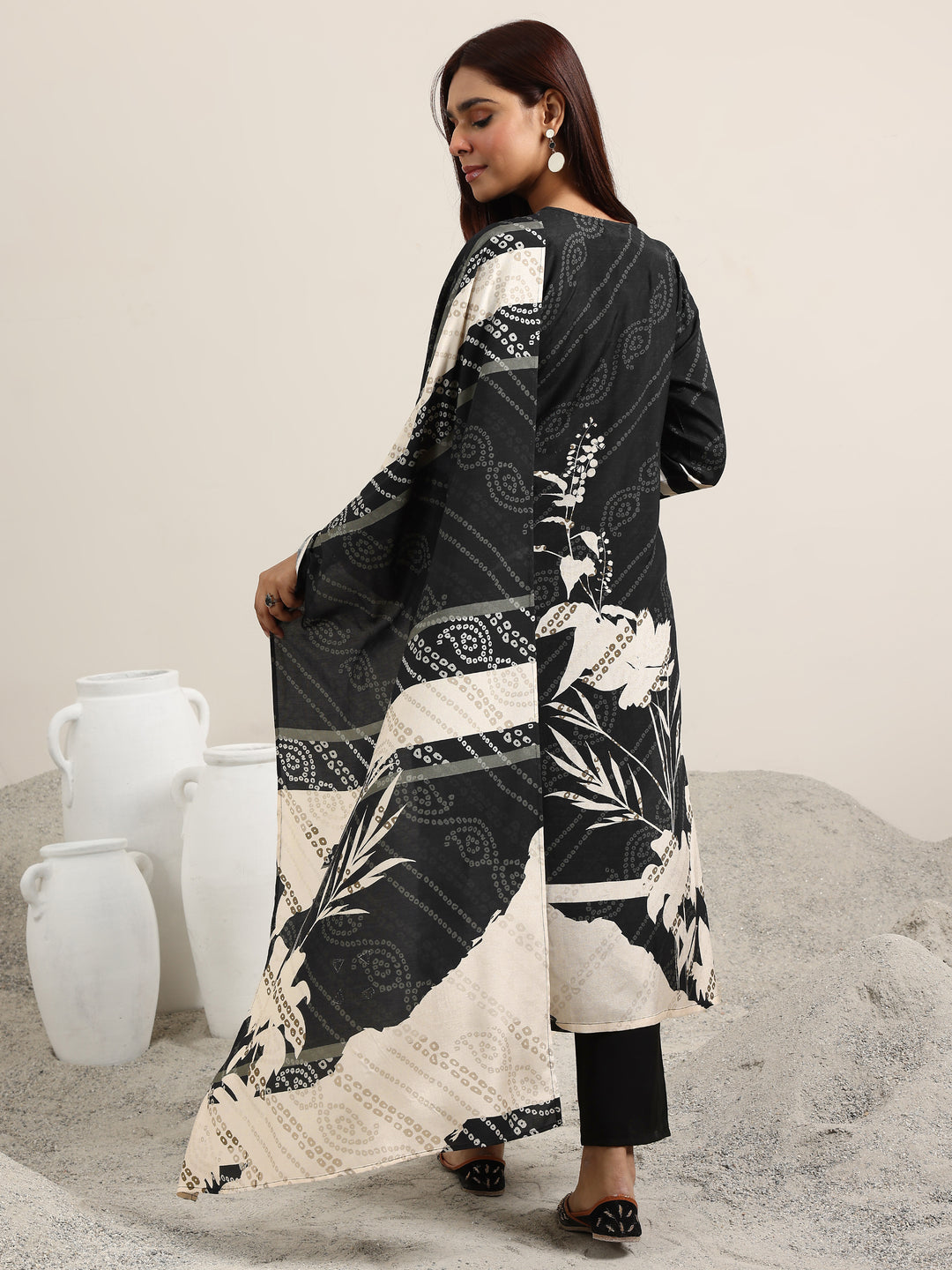 Black Printed Silk Blend Straight Suit With Dupatta