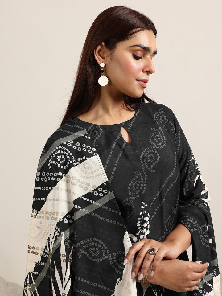 Black Printed Silk Blend Straight Suit With Dupatta