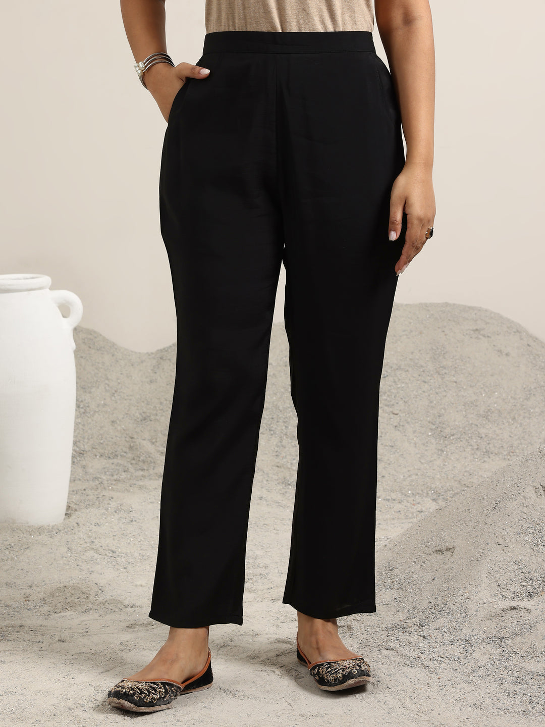 Black Printed Silk Blend Straight Suit With Dupatta