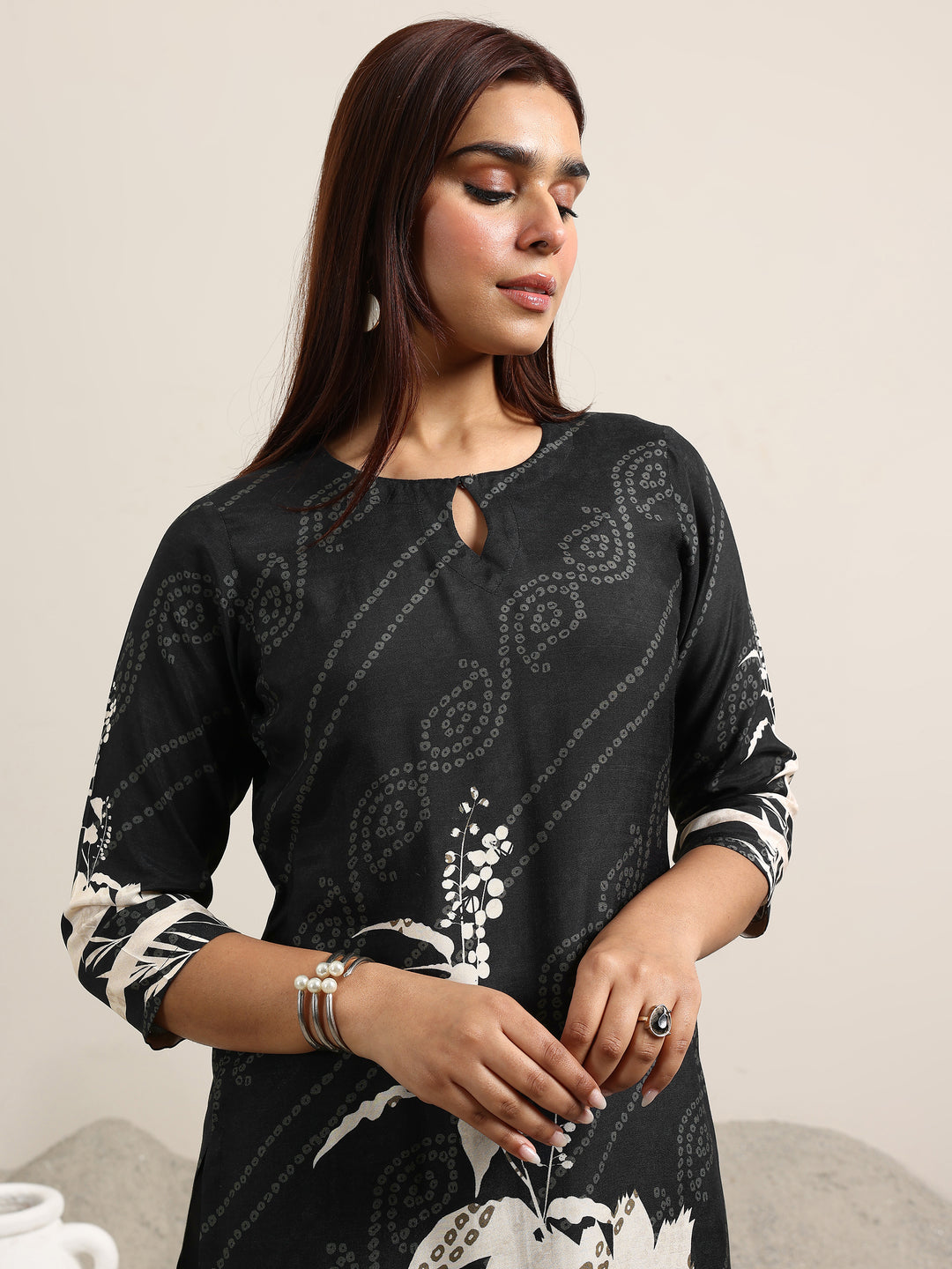 Black Printed Silk Blend Straight Suit With Dupatta