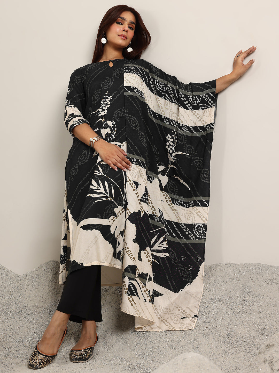 Black Printed Silk Blend Straight Suit With Dupatta