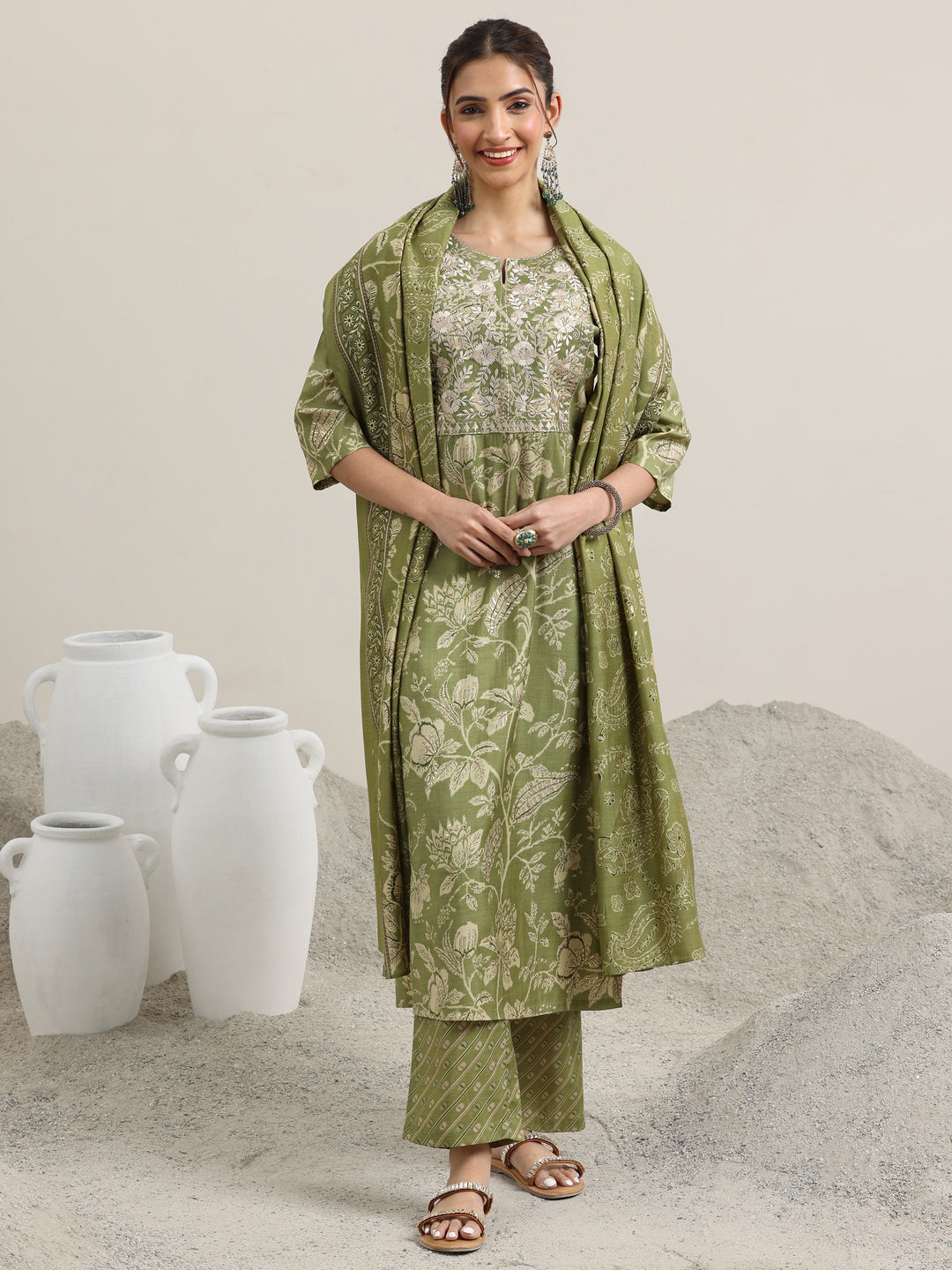 Green Printed Silk Blend Straight Suit With Dupatta