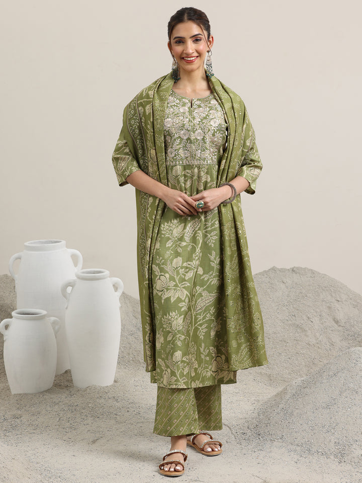 Green Printed Silk Blend Straight Suit With Dupatta