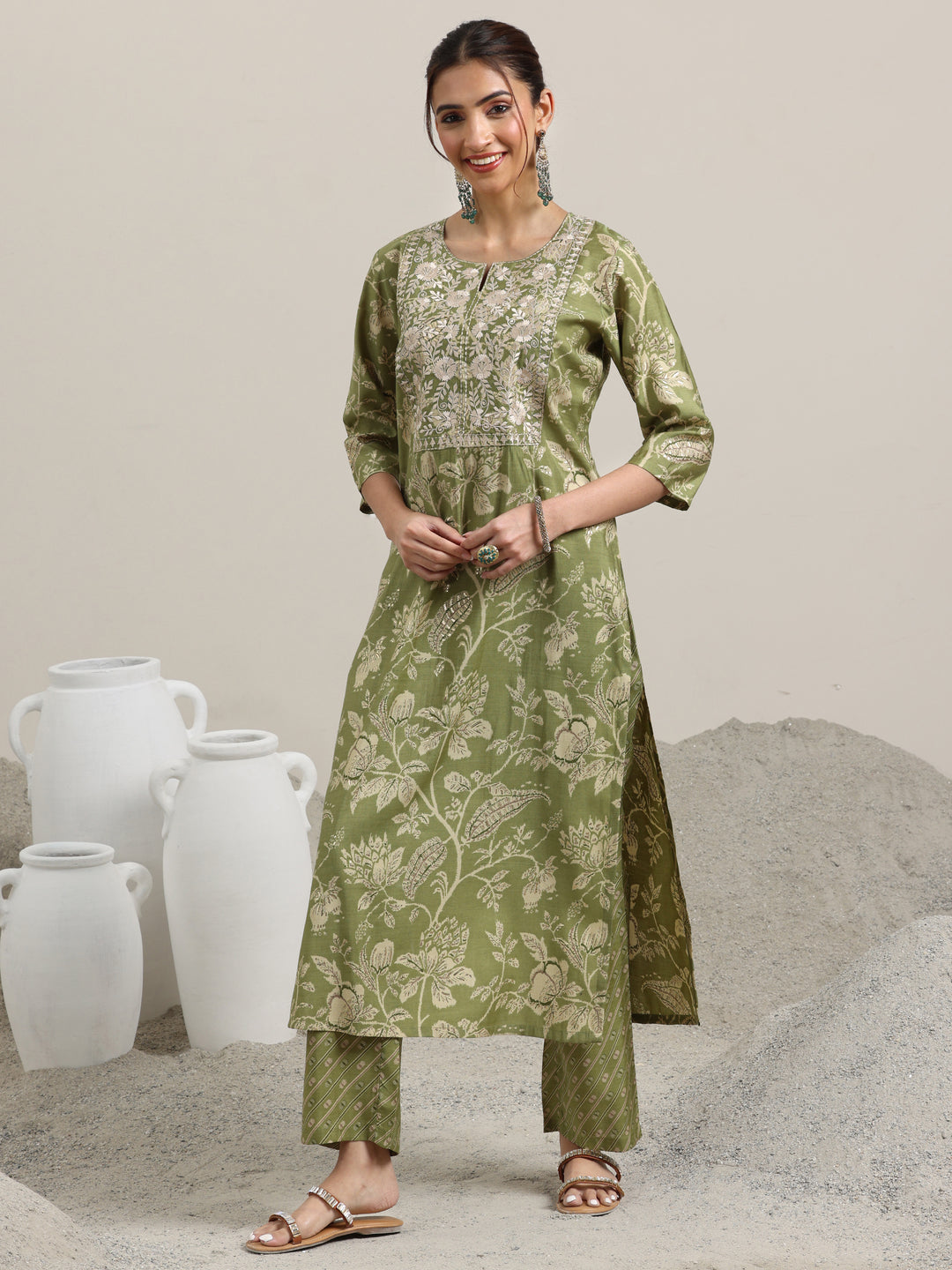 Green Printed Silk Blend Straight Suit With Dupatta
