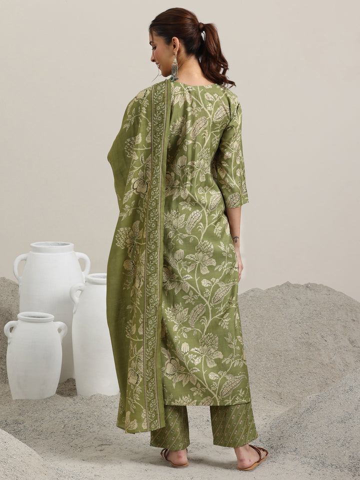 Green Printed Silk Blend Straight Suit With Dupatta
