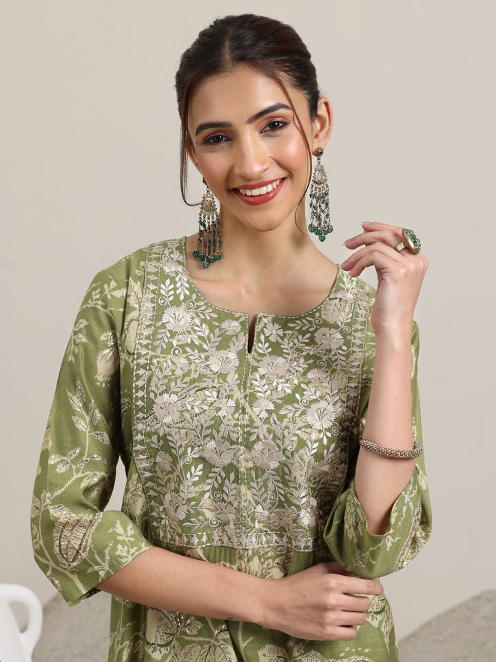 Green Printed Silk Blend Straight Suit With Dupatta