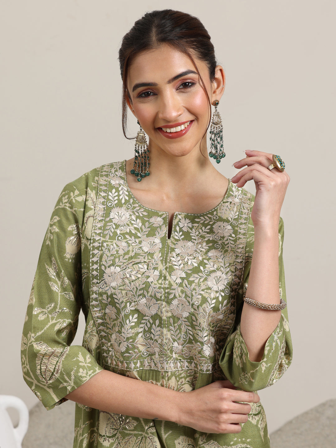 Green Printed Silk Blend Straight Suit With Dupatta