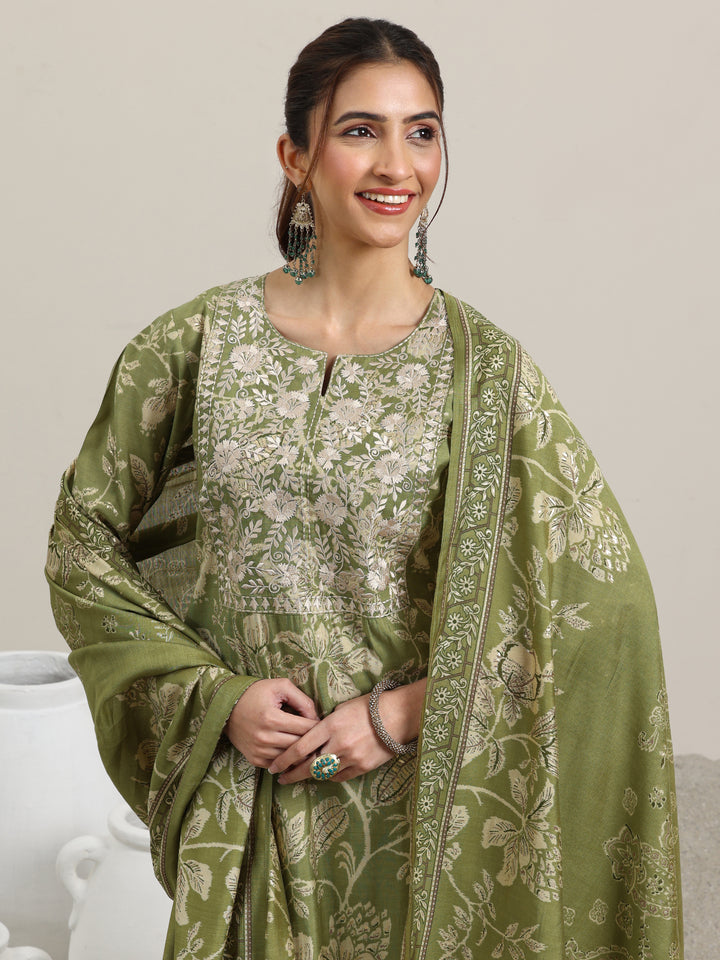 Green Printed Silk Blend Straight Suit With Dupatta