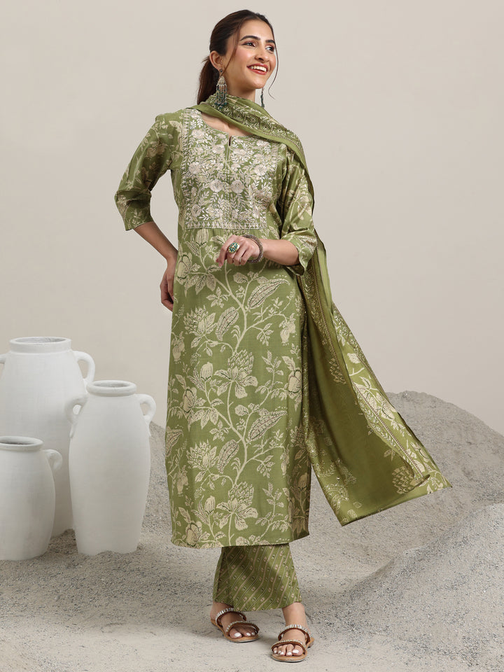 Green Printed Silk Blend Straight Suit With Dupatta