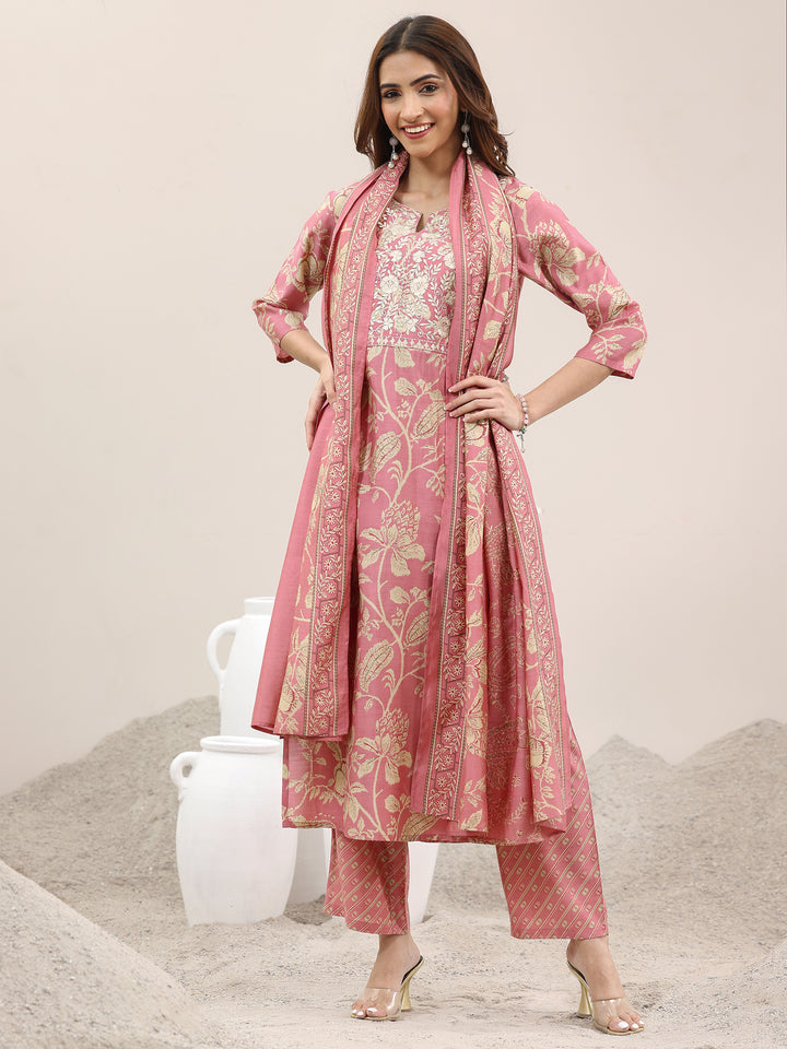 Pink Printed Silk Blend Straight Suit With Dupatta