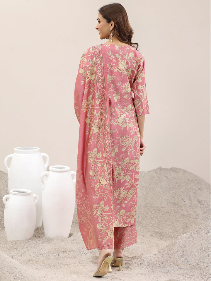 Pink Printed Silk Blend Straight Suit With Dupatta