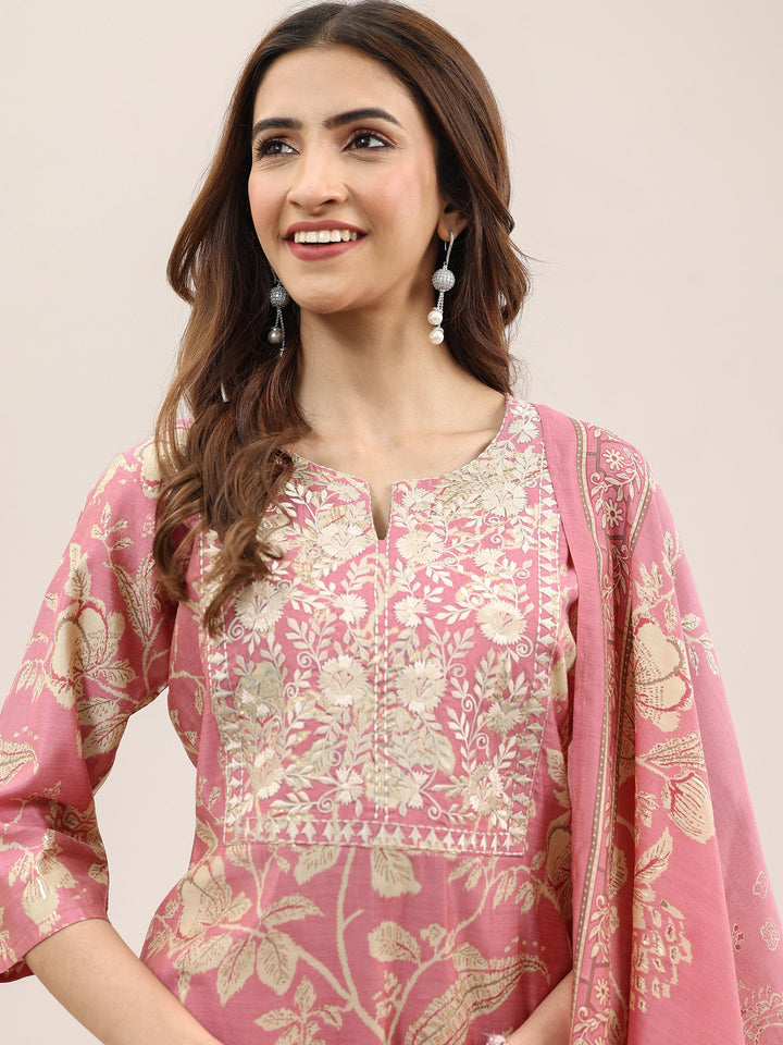 Pink Printed Silk Blend Straight Suit With Dupatta