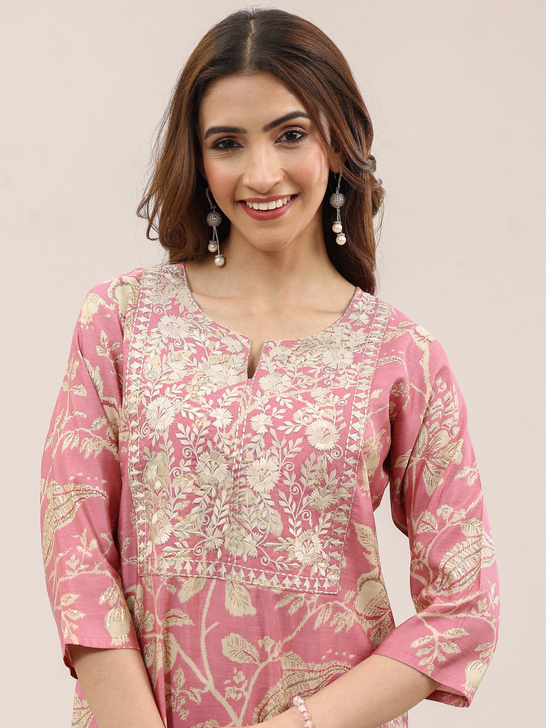 Pink Printed Silk Blend Straight Suit With Dupatta