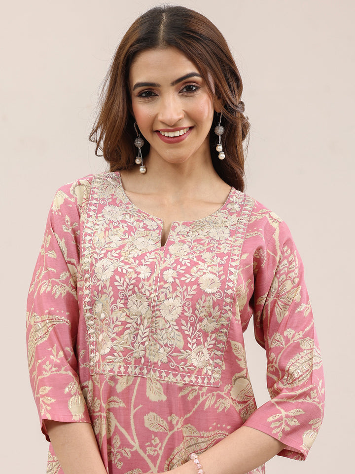 Pink Printed Silk Blend Straight Suit With Dupatta