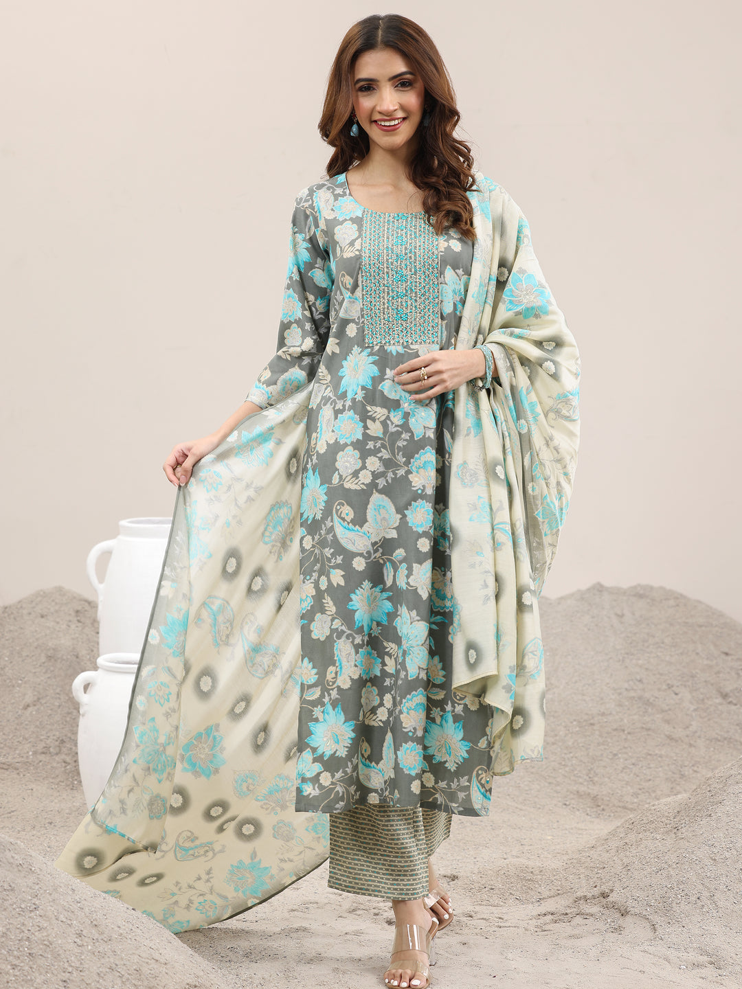 Grey Printed Silk Blend Straight Suit With Dupatta