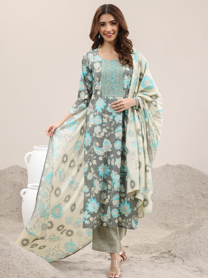 Grey Printed Silk Blend Straight Suit With Dupatta