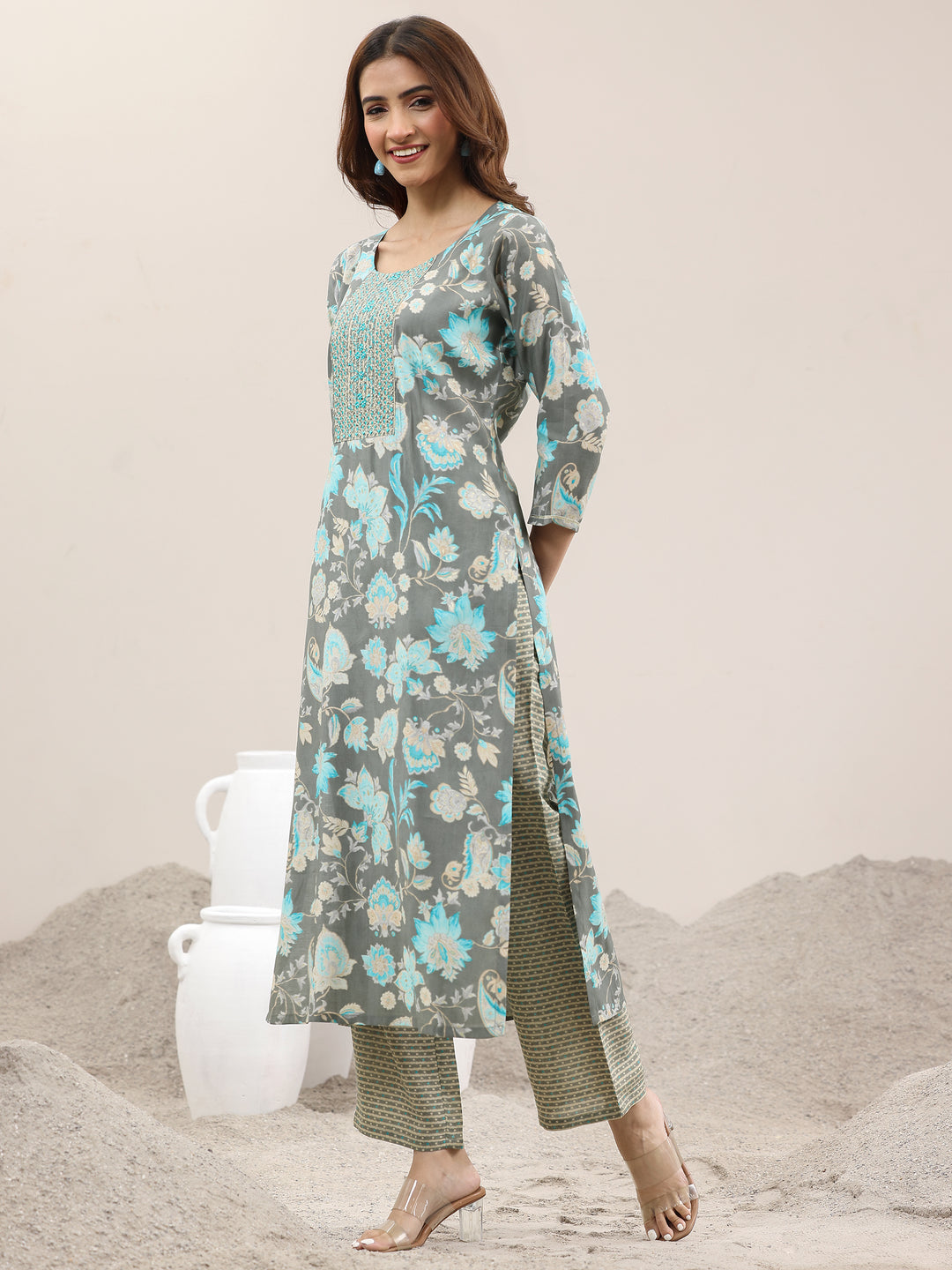 Grey Printed Silk Blend Straight Suit With Dupatta