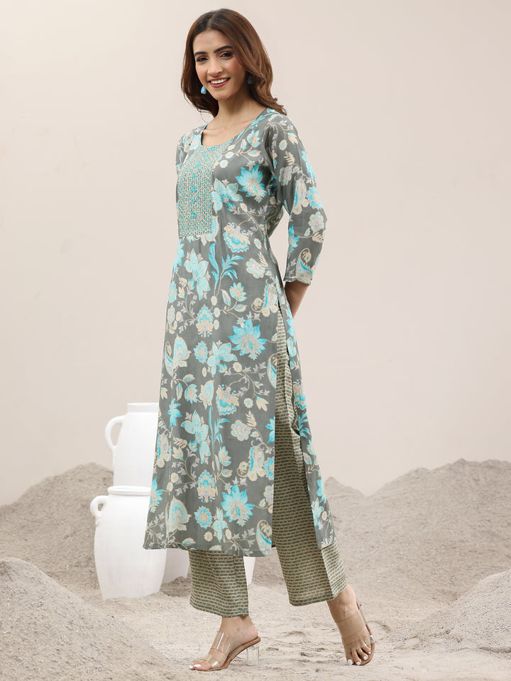 Grey Printed Silk Blend Straight Suit With Dupatta