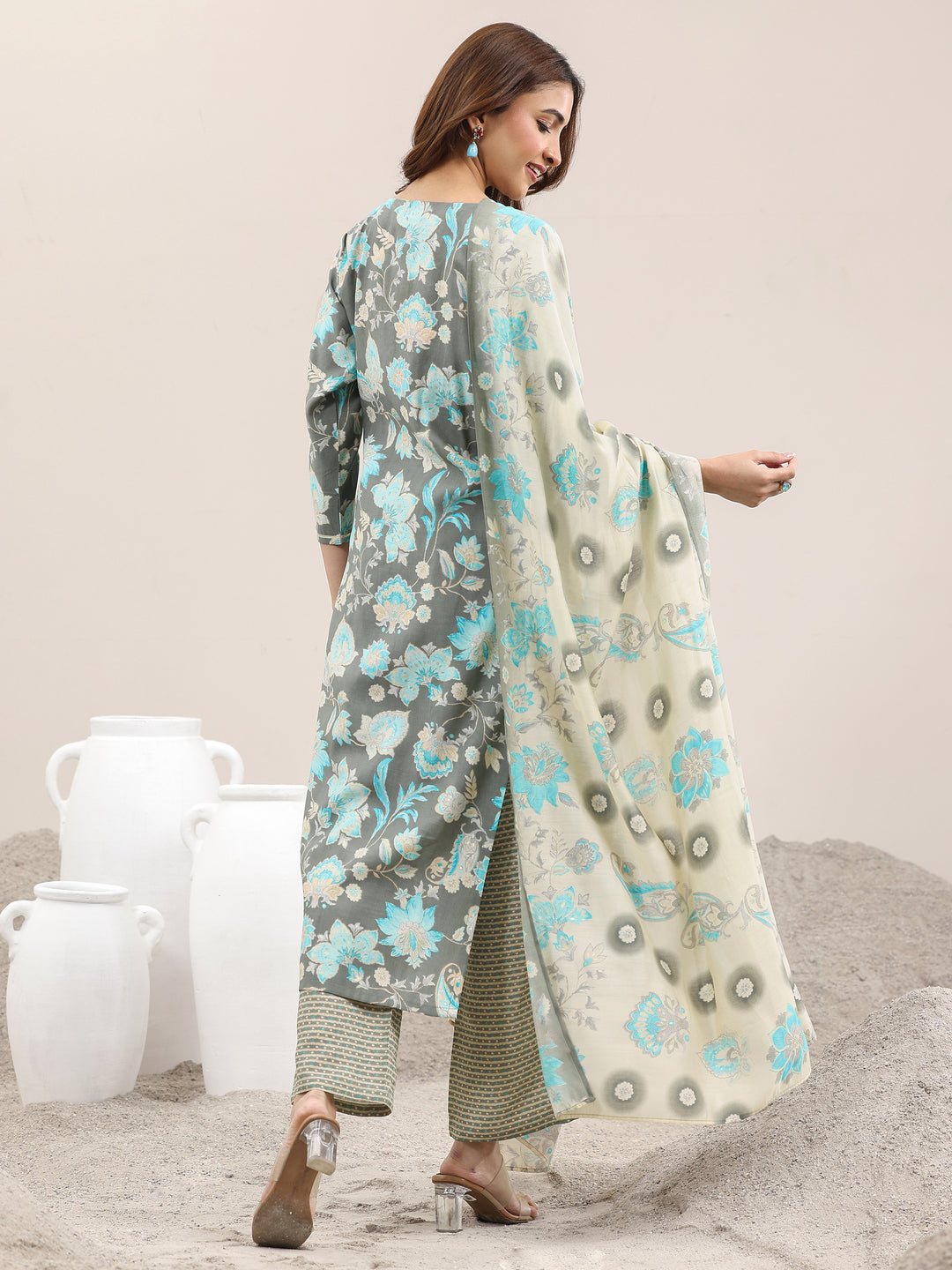 Grey Printed Silk Blend Straight Suit With Dupatta