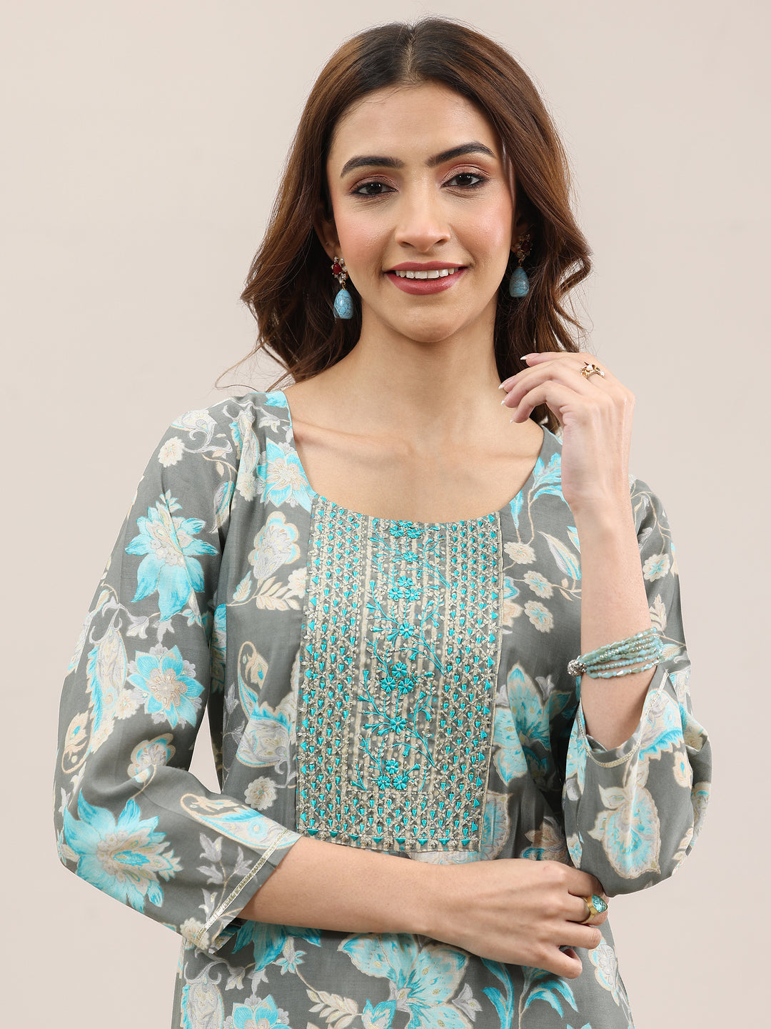 Grey Printed Silk Blend Straight Suit With Dupatta