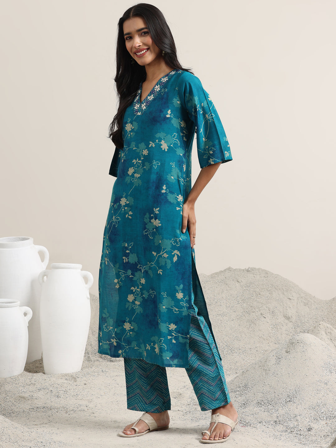 Blue Printed Silk Blend Straight Suit With Dupatta