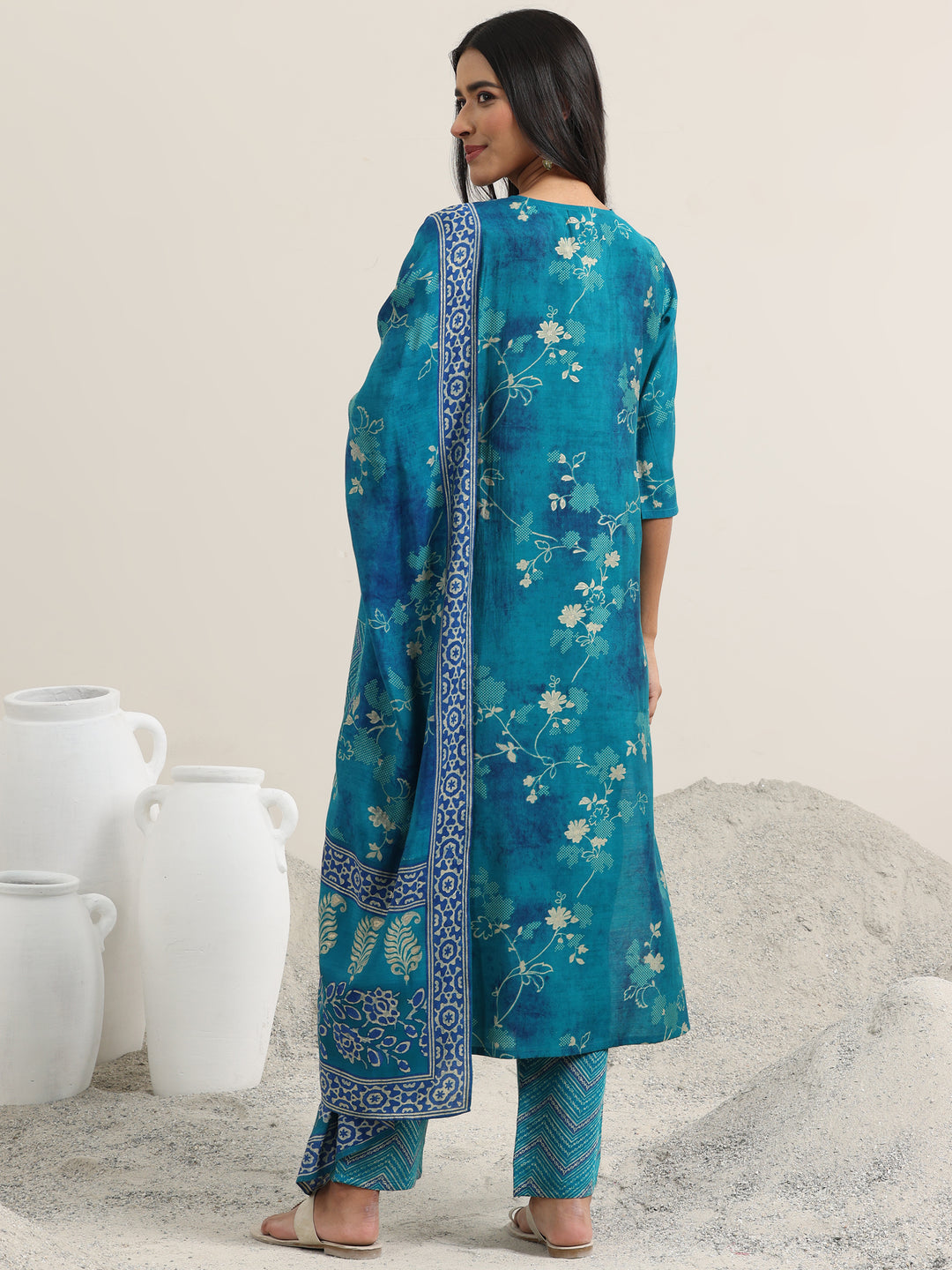 Blue Printed Silk Blend Straight Suit With Dupatta
