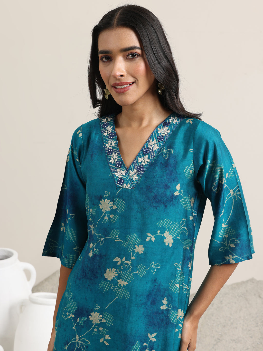 Blue Printed Silk Blend Straight Suit With Dupatta