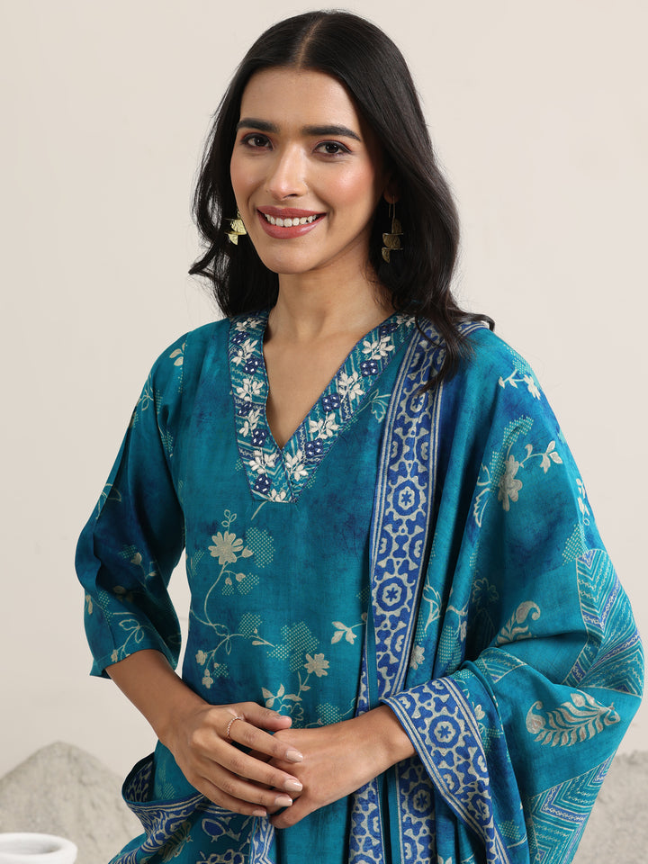 Blue Printed Silk Blend Straight Suit With Dupatta
