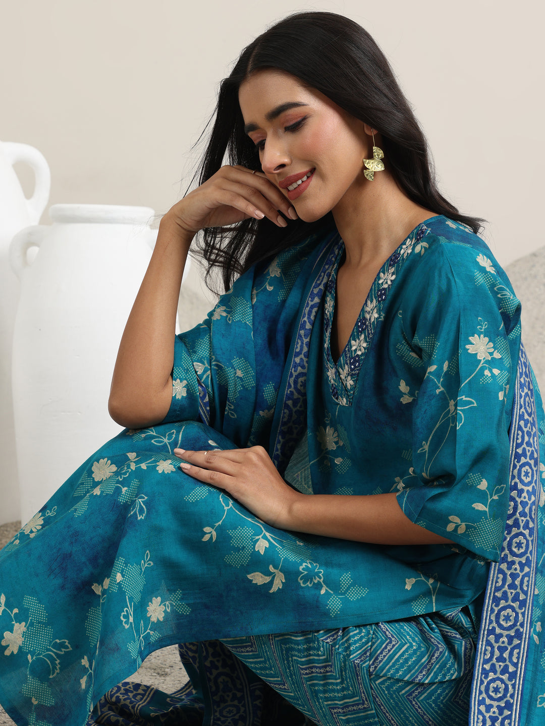 Blue Printed Silk Blend Straight Suit With Dupatta