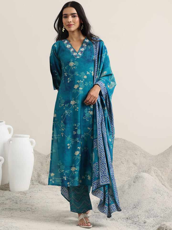 Blue Printed Silk Blend Straight Suit With Dupatta