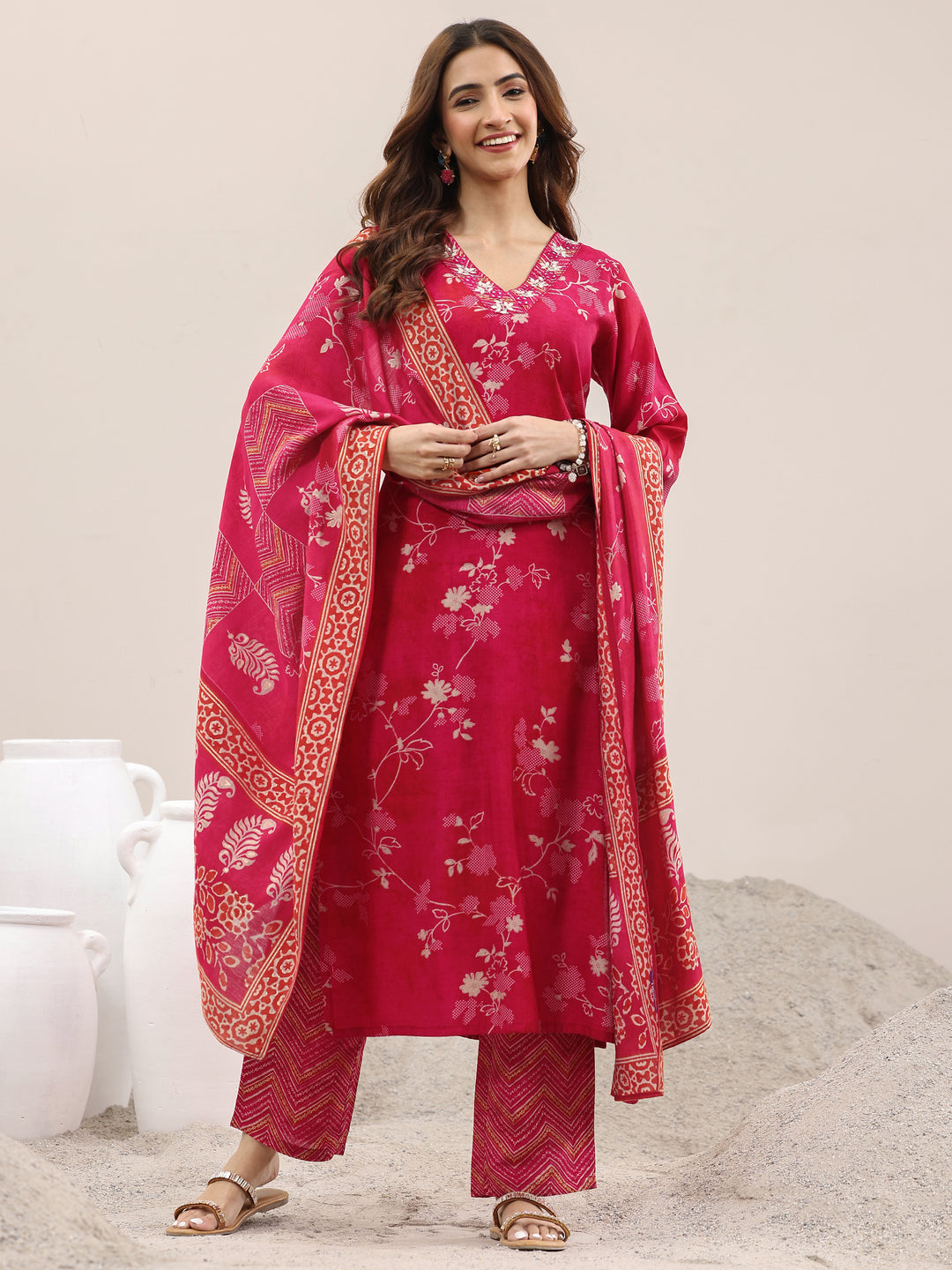 Red Printed Silk Blend Straight Suit With Dupatta