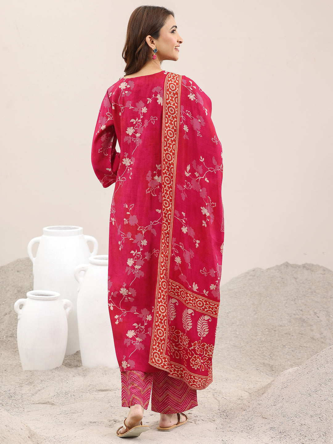 Red Printed Silk Blend Straight Suit With Dupatta