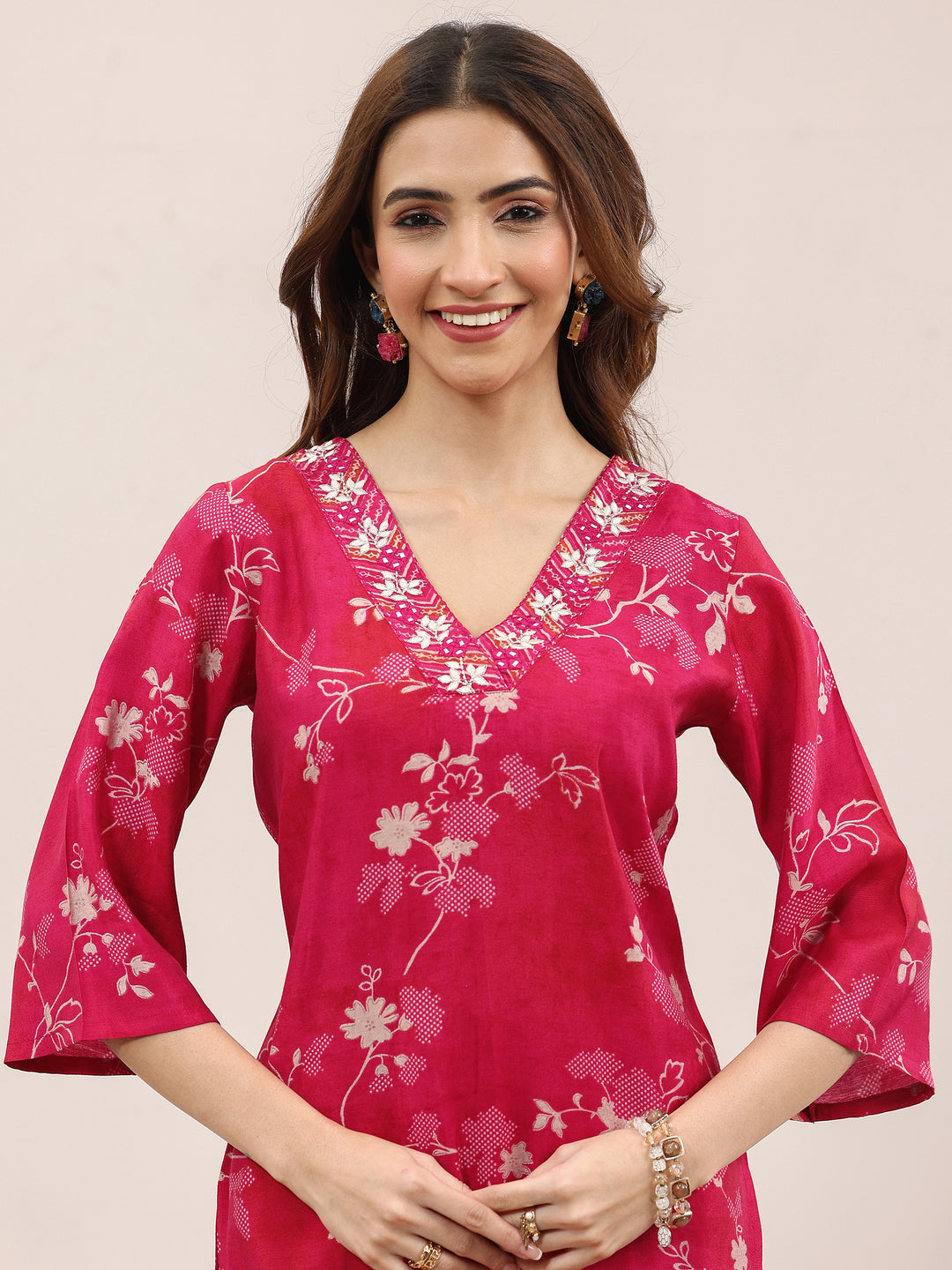 Red Printed Silk Blend Straight Suit With Dupatta