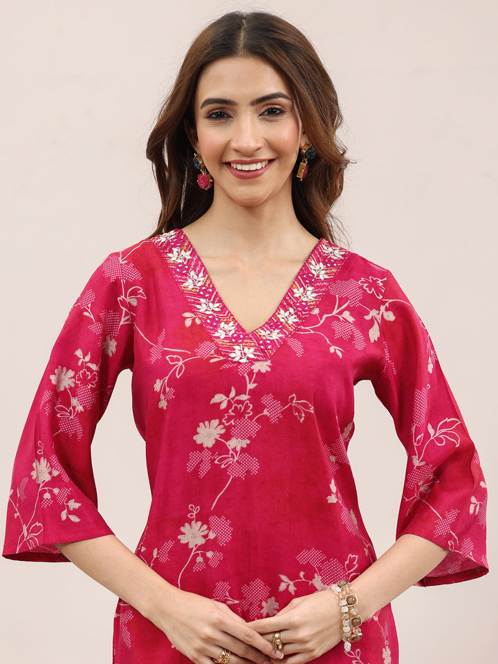 Red Printed Silk Blend Straight Suit With Dupatta