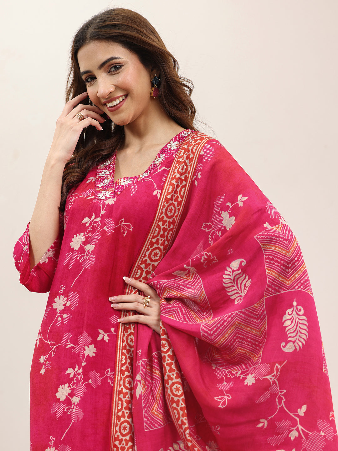 Red Printed Silk Blend Straight Suit With Dupatta
