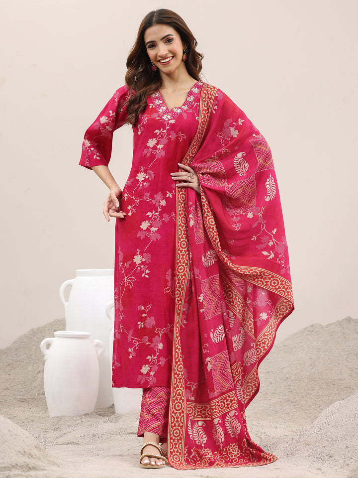 Red Printed Silk Blend Straight Suit With Dupatta