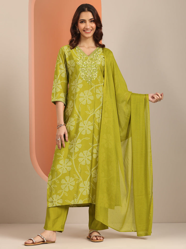 Green Printed Silk Blend Straight Suit With Dupatta