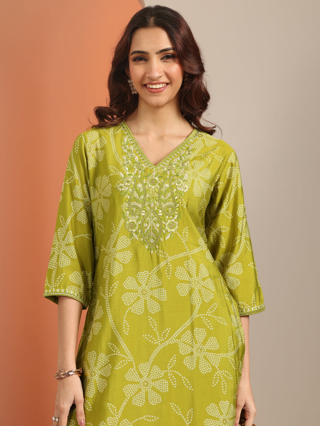 Green Printed Silk Blend Straight Suit With Dupatta