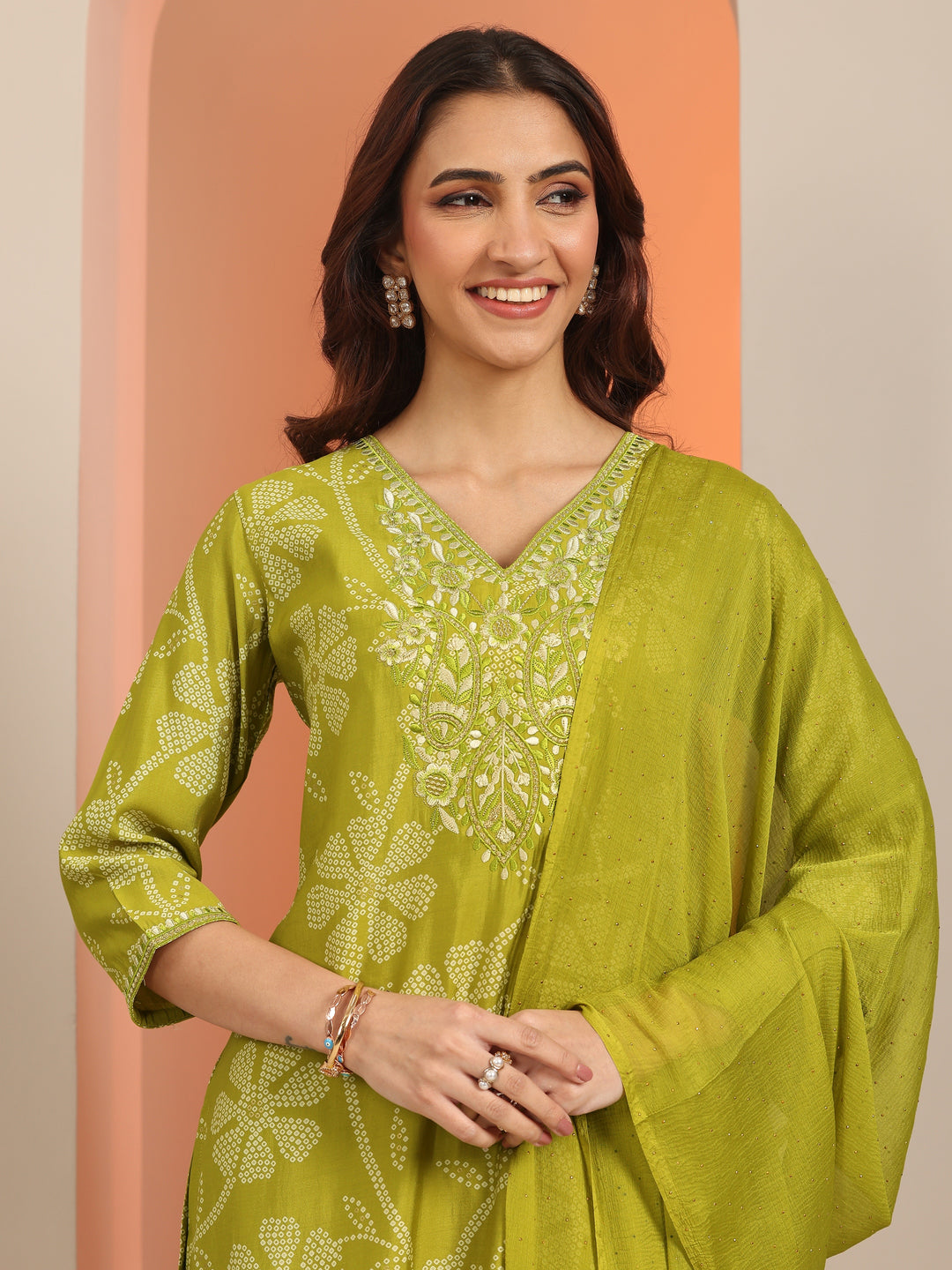 Green Printed Silk Blend Straight Suit With Dupatta