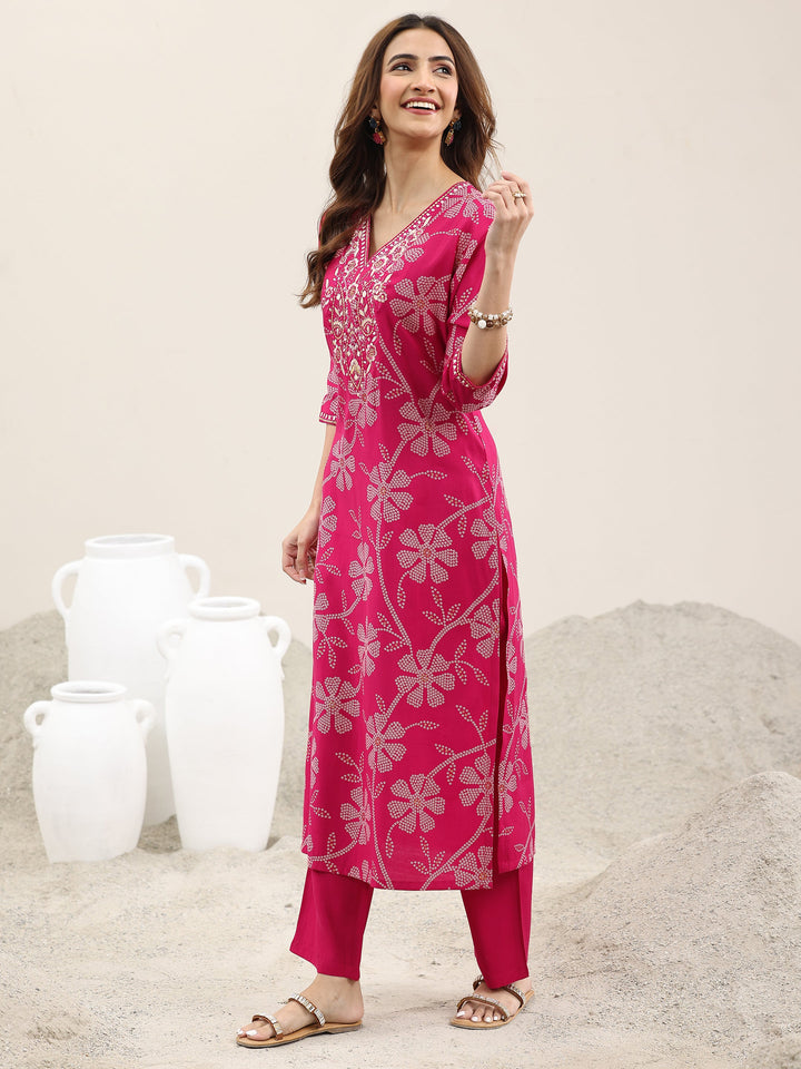 Pink Printed Silk Blend Straight Suit With Dupatta