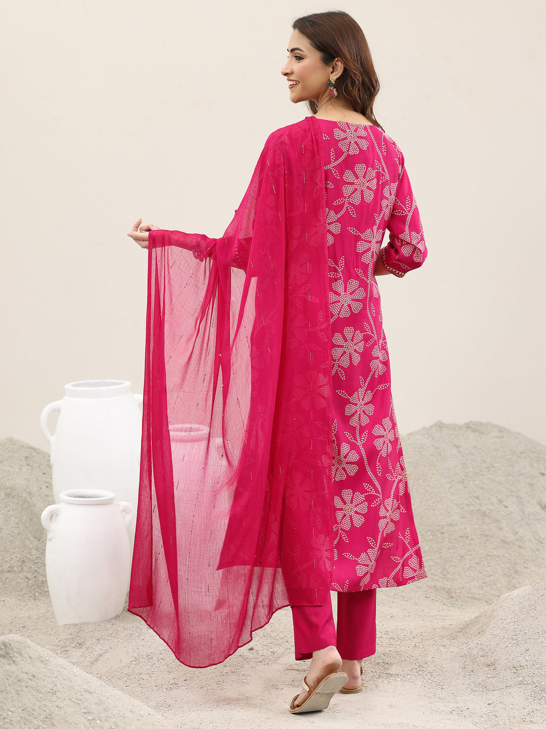 Pink Printed Silk Blend Straight Suit With Dupatta
