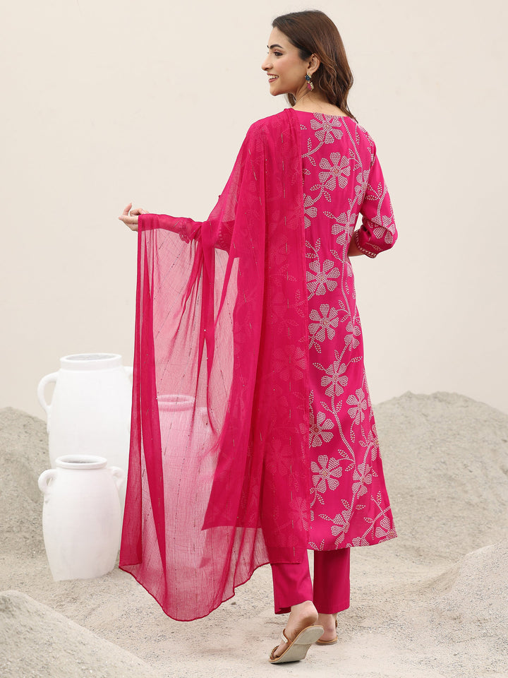 Pink Printed Silk Blend Straight Suit With Dupatta