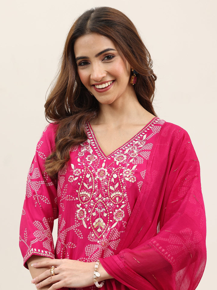 Pink Printed Silk Blend Straight Suit With Dupatta