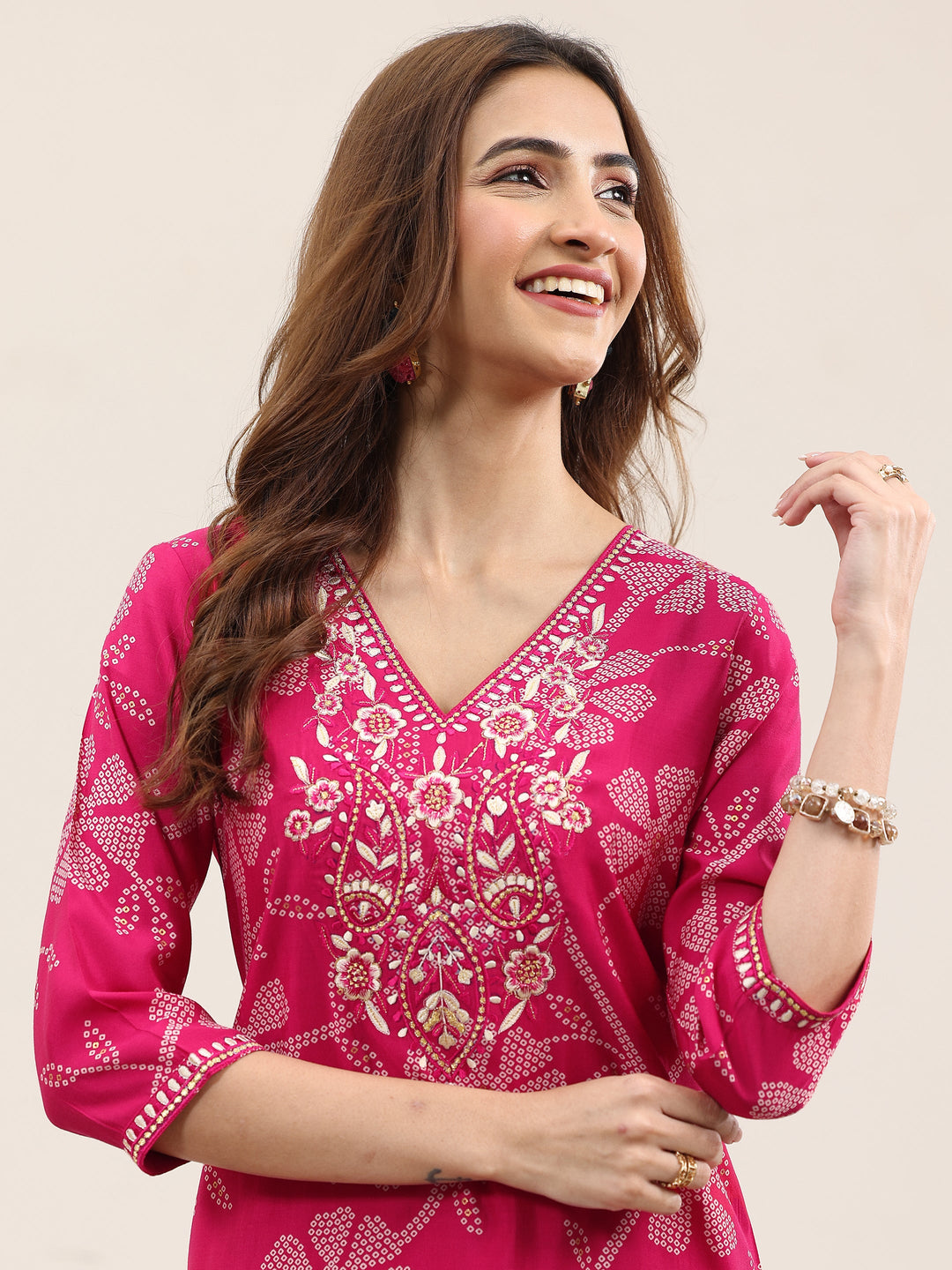 Pink Printed Silk Blend Straight Suit With Dupatta
