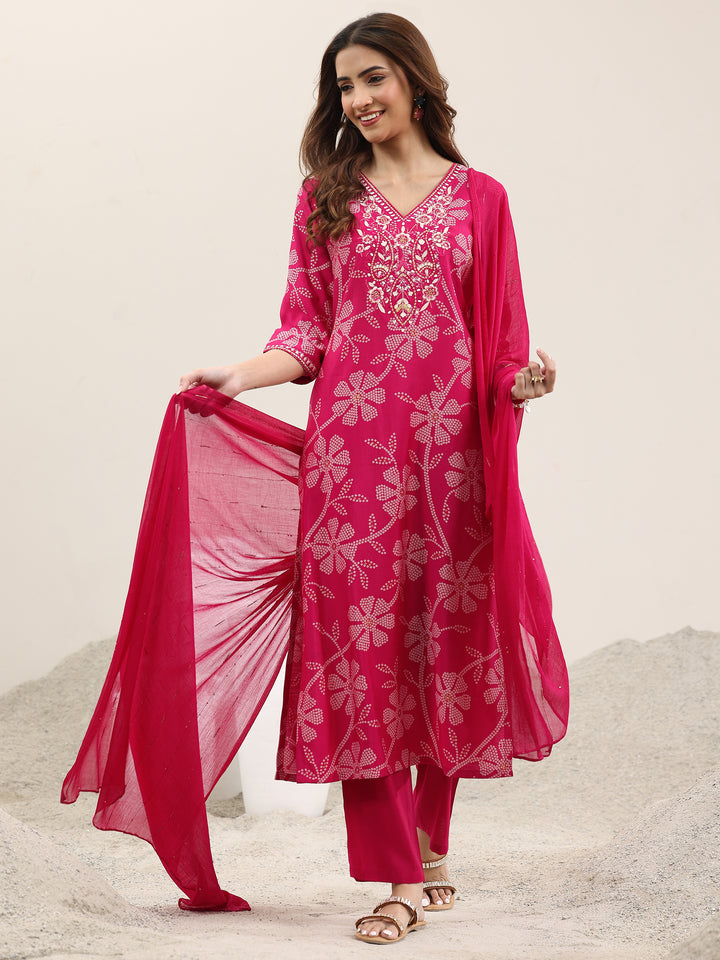 Pink Printed Silk Blend Straight Suit With Dupatta