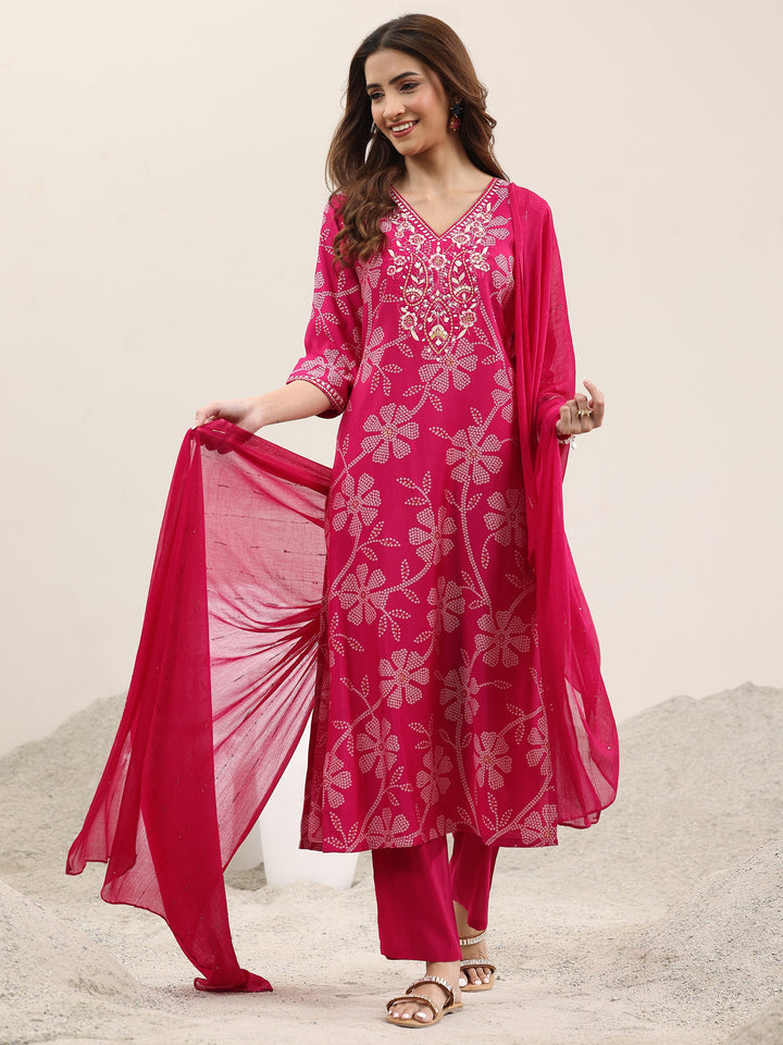 Pink Printed Silk Blend Straight Suit With Dupatta