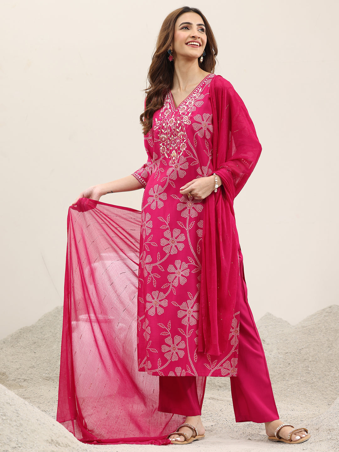 Pink Printed Silk Blend Straight Suit With Dupatta